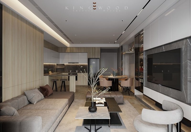 Mẫu thiết kế căn hộ hiện đại tại Vinhomes, hình nội thất mẫu, không gian sống thông thoáng.
