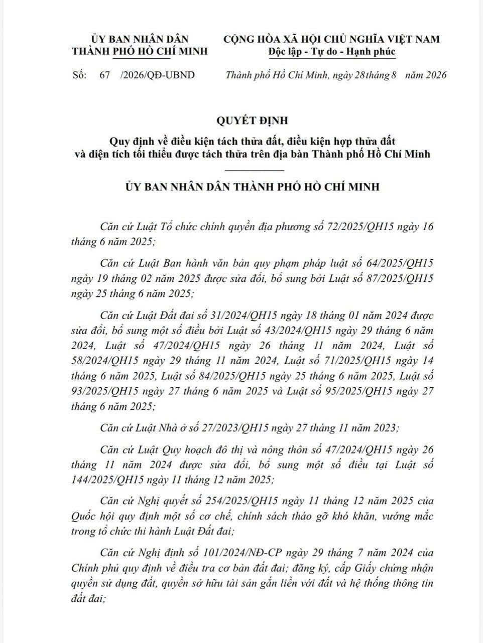 Trang bìa Quyết định 67/2026/QĐ-UBND ngày 28/8/2026 của UBND TP.HCM về điều kiện tách thửa đất
