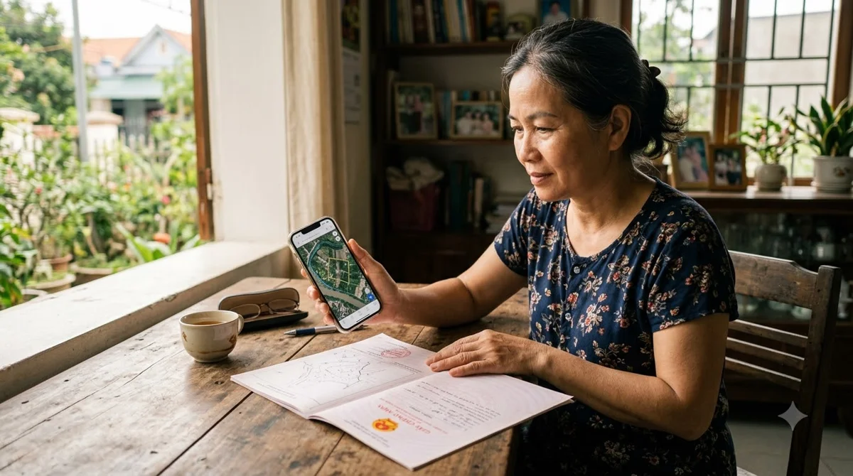 Người dân cầm điện thoại xem bản đồ vệ tinh bên cạnh sổ đỏ để đối chiếu vị trí thửa đất